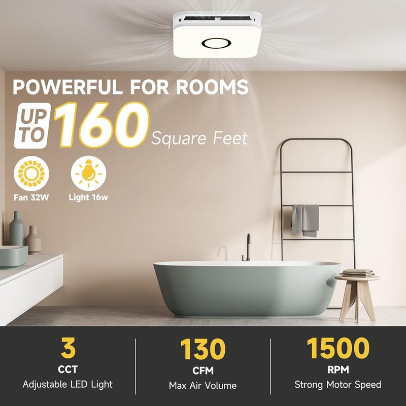 OFANKU مروحة شفط حمام 2 في 1 مع ضوء، مروحة تهوية هادئة 32 واط - 130 CFM و 1.5 سون، ضوء LED 1200 لومن - 3000K/4000K/5000K قابل للتعديل، سهلة التركيب، مراوح حمام للمنزل، الحمام، الفندق، إلخ. - Image 2